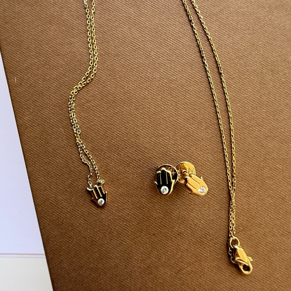 14K Solid Gold Hamsa Necklace + Earrings with natural diamonds - Picture 2 of 7